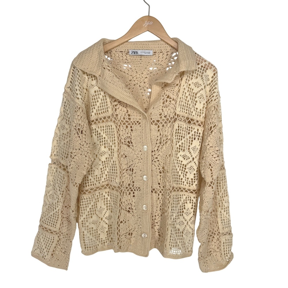 Zara Knit Crochet Patchwork Button Cardigan Top Cream Beige XS S Boho Granny